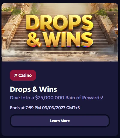 Картка акції Drops &amp; Wins у розділі Casino з датою завершення та кнопкою переходу до умов