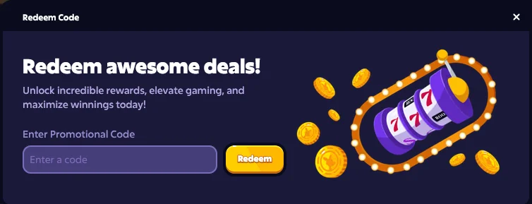 Вікно Redeem Code на сайті Roobet із полем для введення промокоду та кнопкою активації
