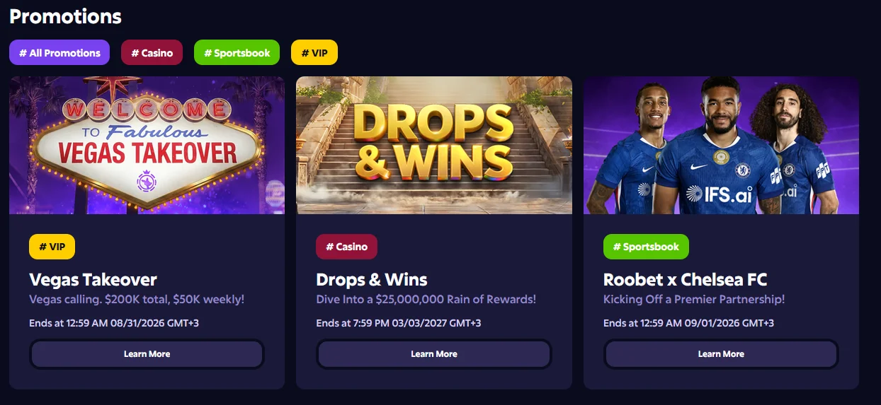 Розділ Promotions на сайті Roobet із трьома активними акціями та їх умовами