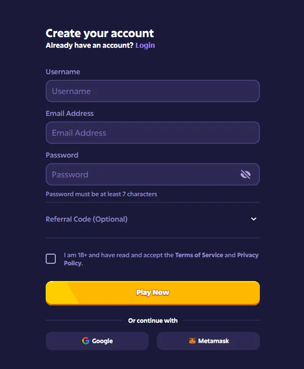 Форма реєстрації Roobet: ім’я користувача, e-mail, пароль, необов’язковий реферальний код і згода з правилами