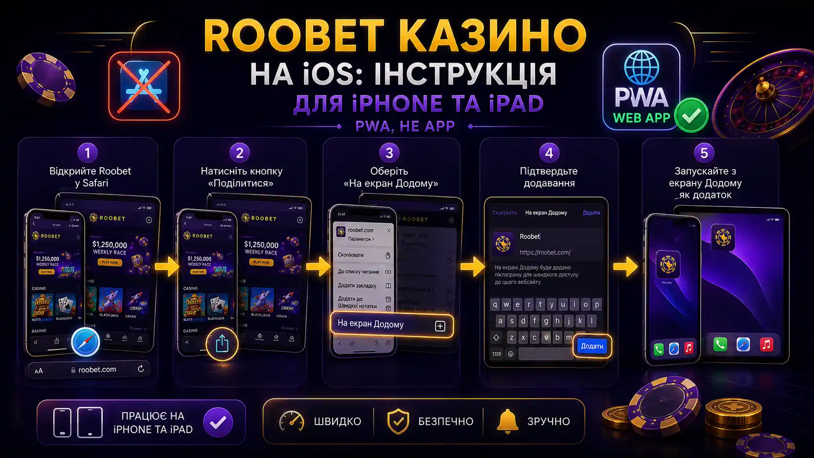Покрокове збереження Roobet на екран «Додому» в Safari на iPhone та iPad