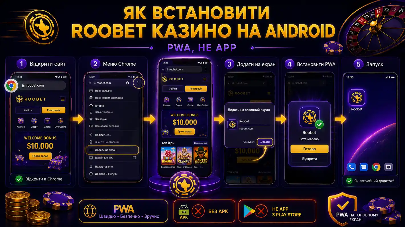 Покрокове збереження сайту Roobet як PWA-ярлика через меню Chrome на Android